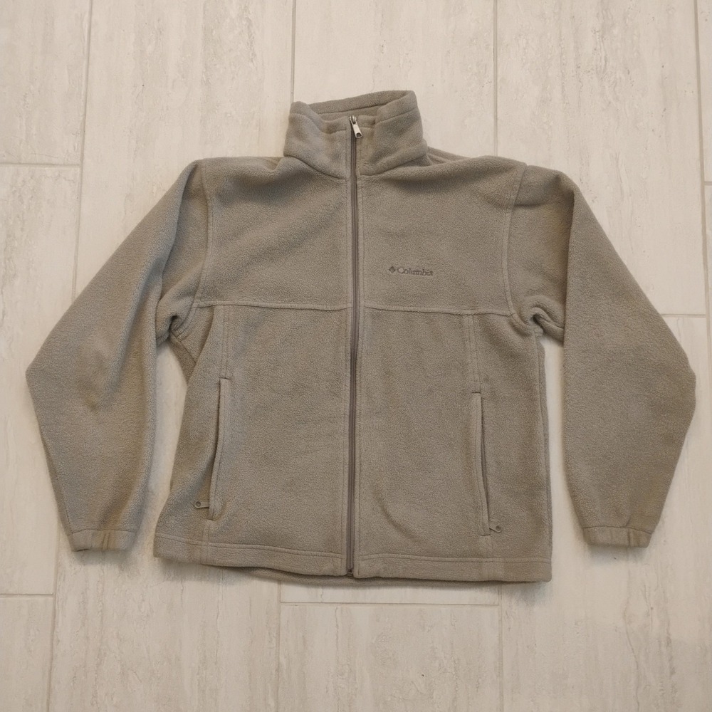 Columbia Mens Medium M Full Zip Fleece Jacket Tan Beige Pockets Drawcord XM6981